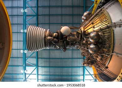 Exhaust pipes of space rocket with lots of wires and metal parts for space exploration