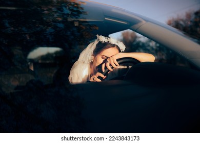 
Exhausted anxious Bride Crying Behind Steering Wheel. Upset married woman having an accident on her wedding day
 - Powered by Shutterstock