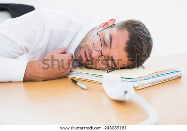 Exhausted Businessman Sleeping His Desk His Stock Photo Edit Now