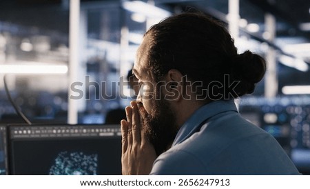 Exhausted computer scientist in server room reviewing neural network outputs, suffering from mental fatigue. Stressed data center IT expert analyzing AI LLM visualization, camera A