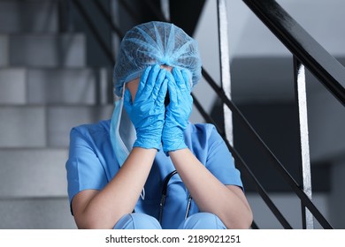 Exhausted Doctor Sitting On Stairs Hospital Stock Photo 2189021251 ...