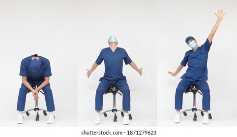 Exhausted male medical professional stretching arms, back,neck   sitting on mobile saddle