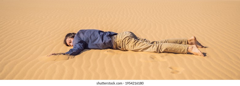 Exhausted man in the desert. Apathy, fatigue, exhaustion, mental disorders concept. Mental health BANNER, LONG FORMAT