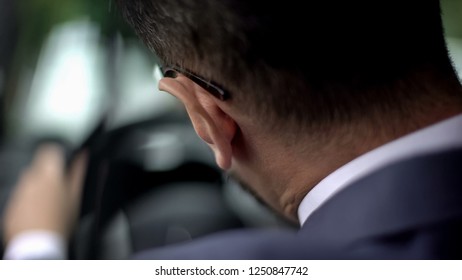 Exhausted Man In Suit Feeling Neck Discomfort, Driving Car, Sedentary Lifestyle