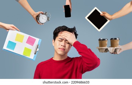 Exhausted millennial asian guy touching his forehead surrounded by hands with gadgets, watch, schedule and coffee to go, grey studio background, collage, time management concept - Powered by Shutterstock