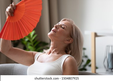 Exhausted Older Woman Waving Blue Fan Close Up, Suffering From Heat, Feeling Unwell And Uncomfortable, Feeling Uncomfortable, Sweaty Mature Female Cooling In Hot Summer Weather, High Temperature