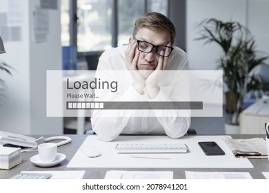 Exhausted stressed office worker and slow loading bar, job burnout concept