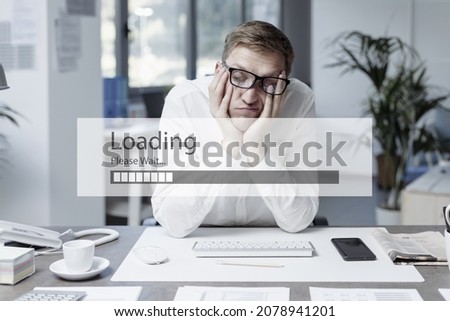Exhausted stressed office worker and slow loading bar, job burnout concept