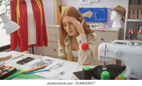 Exhausted woman tailor with a headache sits in a creative fashion studio surrounded by dressmaking tools and fabric. - Powered by Shutterstock