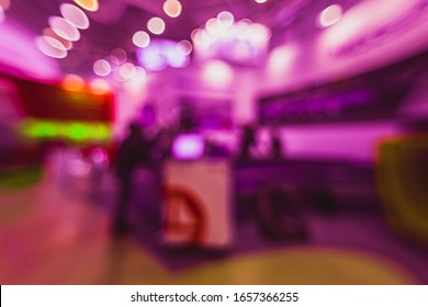 Exhibition- Background Blur.  Blurred- Bokeh Lights. Expo Business- Booth Stand