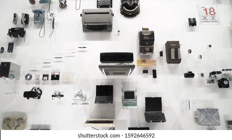 Exhibition Of Computer Devices Created At The Different Times In The Science Museum, A Major Museum On Exhibition Road In South Kensington, London. Acton. History Of Computers