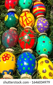 an exhibition of Easter eggs, multi-colored eggs painted