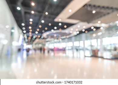 Exhibition Event Convention Hall Business Blur Background Of Tech Expo, Trade Fair, Passenger Terminal Or Museum Gallery Lobby With Blurry Interior Large Corridor Hallway White Room Empty Space