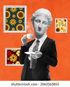At exhibition of paintings. Comparison of eras. Woman in business suit headed of ancient statue head on light background. Modern design, contemporary art collage. Inspiration, idea, ad, magazine style