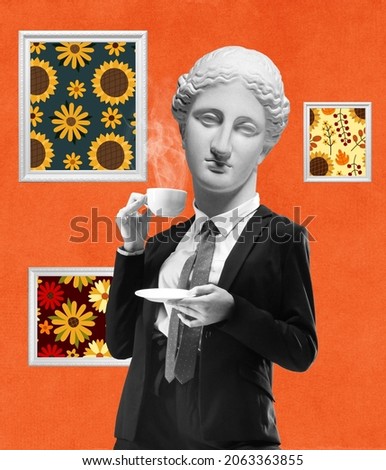 At exhibition of paintings. Comparison of eras. Woman in business suit headed of ancient statue head on light background. Modern design, contemporary art collage. Inspiration, idea, ad, magazine style