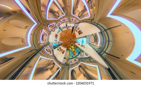 Exhibition Of Photography Indoors Grand Arch De La Défense. Capture A Wide Angle And 360 Degree Spherical Image. France Paris 09.2022