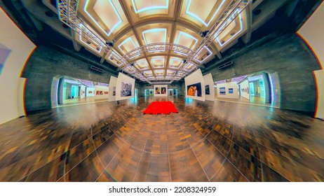 Exhibition Of Photography Indoors Grand Arch De La Défense. Capture A Wide Angle And 360 Degree Spherical Image. France Paris 09.2022