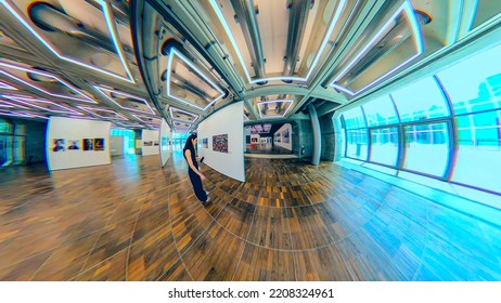 Exhibition Of Photography Indoors Grand Arch De La Défense. Capture A Wide Angle And 360 Degree Spherical Image. France Paris 09.2022