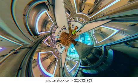 Exhibition Of Photography Indoors Grand Arch De La Défense. Capture A Wide Angle And 360 Degree Spherical Image. France Paris 09.2022