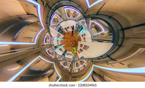 Exhibition Of Photography Indoors Grand Arch De La Défense. Capture A Wide Angle And 360 Degree Spherical Image. France Paris 09.2022