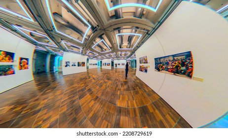 Exhibition Of Photography Indoors Grand Arch De La Défense. Capture A Wide Angle And 360 Degree Spherical Image. France Paris 09.2022