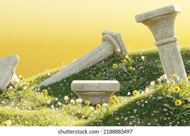 Exhibition stand  podium in the form classic Greek Ionic pillars  Grass hills   yellow flower background  3d render illustration for advertising goods  products  expansions 