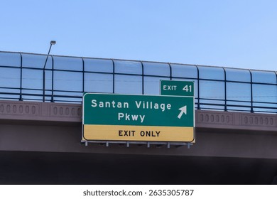 Exit 41 sign on the Arizona State 202 Loop, also called Santan Freeway, in the Phoenix, Arizona metropolitan area for the Santan Village Parkway