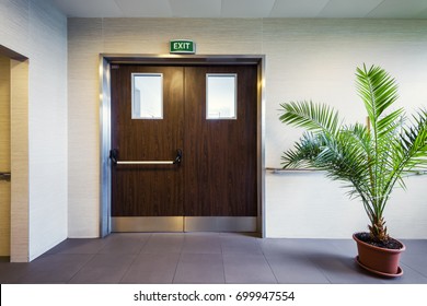 Exit Door In Office Or Hospital, Light Interior With Plants. Exit Door And Flower In Empty Clean Corridor Inside Modern Building. Concept Of Emergency, Escape, Hallway, Accident, Recovery, Out, Clinic