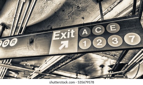 Exit And Lines Signs In New York CIty Subway .