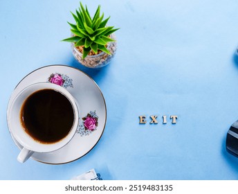 EXIT; Wooden letters with "EXIT" text of concept. isolated on blue background - Powered by Shutterstock