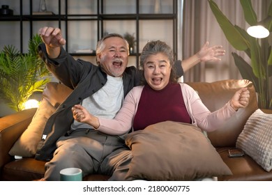 Exited Celebrate Joy Asian Old Senior Marry Couple Hand Rising Shouting Cheers Victory While Their Sport Team Winning The Big Match,asia Old Retired Person Watch Sport Game Night At Home Carefree Fun