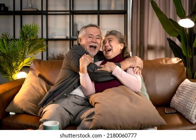 Exited Celebrate Joy Asian Old Senior Marry Couple Hand Rising Shouting Cheers Victory While Their Sport Team Winning The Big Match,asia Old Retired Person Watch Sport Game Night At Home Carefree Fun