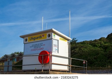 Exmouth, Devon, UK. July 27th 2022. RNLI Lifeguard Hut By A Beach. An RNLI Lifeguard Station Overlooks A Swimming Area Where There Is A Danger To Life At Sea. 