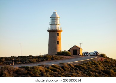EXMOUTH, WESTERN AUSTRALIA - JULY 7, 2018: Old Vlamingh Head Precinct lighthouse in Western Australia near Exmouth during beautiful sunset