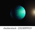 Exoplanet with conditions suitable for life. An extrasolar planet in deep space has an atmosphere and a solid surface. Super-Earth in the habitable zone.