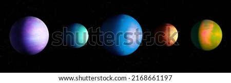 Exoplanets in space, planetary system. Planets from an alien star system. Exoplanets of different sizes and colors.