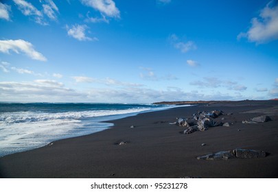 Exotic Beach With Black Sand On Lanzarote, Canary Islands, Spain