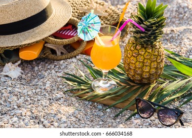 Exotic Cocktail On The Beach Sand And Sunglasses. Vacation