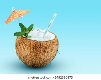 Exotic cocktail served in coco shell garnished with mint, drinking straw and cocktail umbrella pick on blue background with space for text. Summertime relax idea. - Powered by Shutterstock