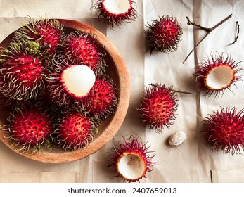 An exotic fruit originating from Southeast Asia, fresh red rambutan