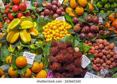 Exotic Fruits At The Boqueria Market In Barcelona, Spain