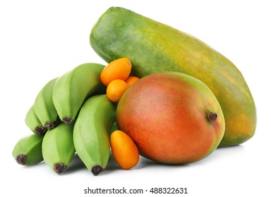 Exotic Fruits: Mango, Bananas, Papaya And Kumquats Isolated On White