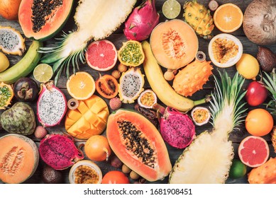 Exotic fruits - pineapple, papaya, mango, annona, banana, pitahaya, kiwano, african horned melon, tamarillo fruit, granadilla, salak, snake fruit, maracuya, rambutan, lychee, longan, tamarind - Shutterstock ID 1681908451