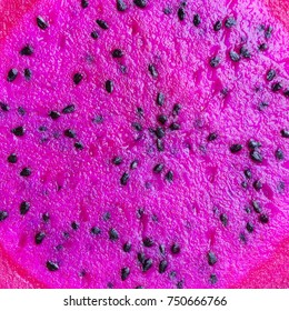 Exotic Pink Dragonfruit Cut Macro Photo On Background. Dragon Fruit Close Up. Pitahaya Texture Photo. Sweet Tropical Fruit, Juicy Pitaya Cut