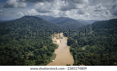 Exotic rainforest landscape at Taman Negara Pahang, Malaysia. Drone aerial view.
