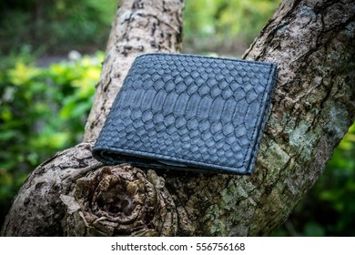 Exotic Snakeskin Python Wallet Purse On A Wooden Background. Handmade Luxury Purse From Bali Island, Indonesia.