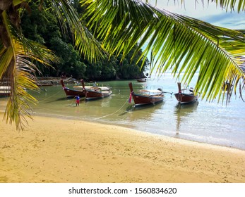 Exotic Water Taxi Longtail Boats In Ao Nang And Railay Beach, Krabi. Thailand