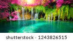 Exotic waterfall and lake panorama landscape of Plitvice Lakes, UNESCO natural world heritage and famous travel destination of Croatia. The waterfall located in central Croatia (Croatia proper).