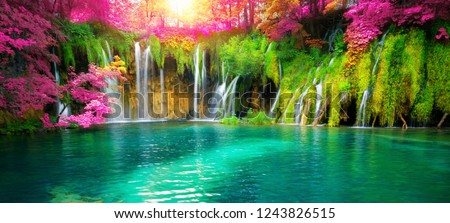 Exotic waterfall and lake panorama landscape of Plitvice Lakes, UNESCO natural world heritage and famous travel destination of Croatia. The waterfall located in central Croatia (Croatia proper).