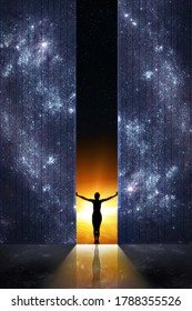 Expand Boundaries Concept. Woman Silhouette Opens The Gate From Starry Night Room Into The Sunrise. Elements Of This Image Furnished By NASA.